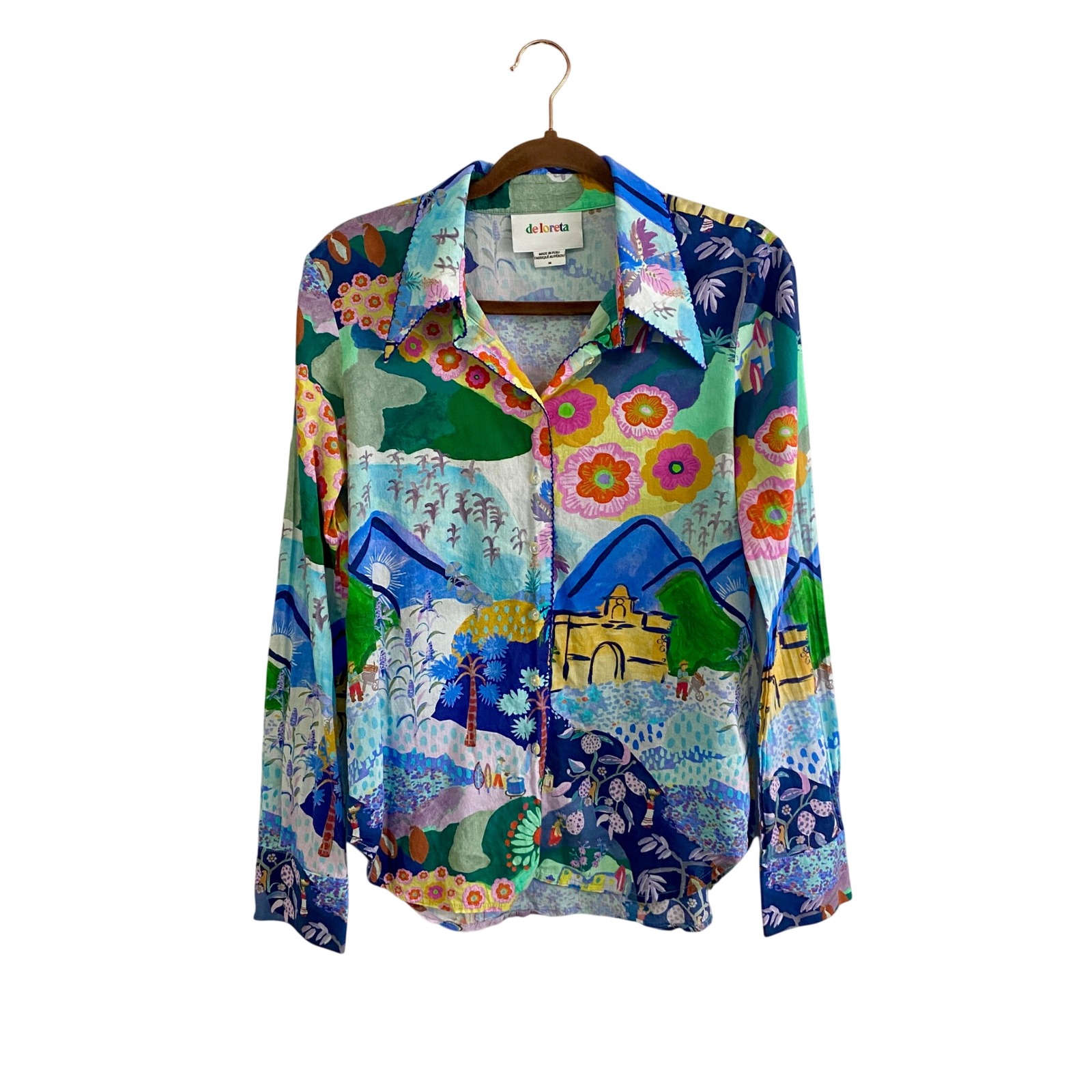De Loreta Cotton Landscape Print Button Up Blouse Size M Colorful Scallop Trim